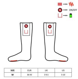 Glovii heated socks size chart and heating element diagram