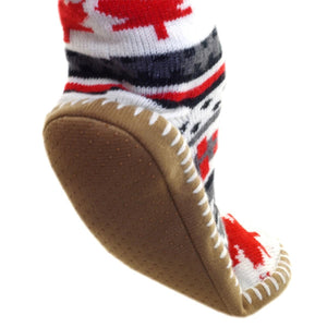 Glovii slipper sock with red and black pattern and brown non-slip sole