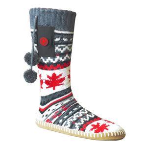 Glovii heated knit slipper sock with red maple leaf pattern and pom poms