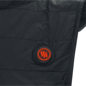 Black quilted fabric with a circular power button glowing red with a heat wave icon