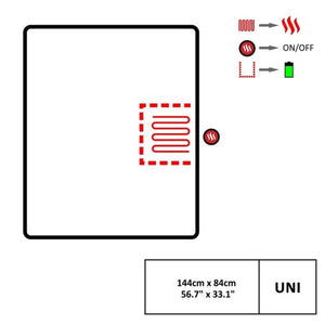 Glovii heated blanket diagram showing heating element placement and control instructions with dimensions 144cm by 84cm
