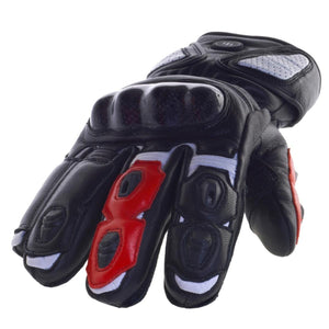 Glovii black leather motorcycle glove with red and white accents and knuckle protection