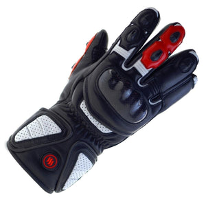 Glovii black leather motorcycle glove with white perforated accents and red protective detailing
