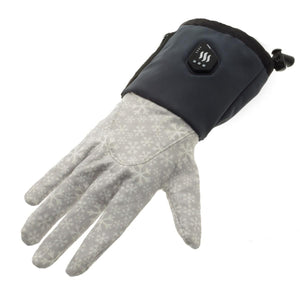Glovii heated glove with grey snowflake pattern and black cuff control button