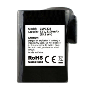 Glovii GLP1221 12V 2100mAh battery pack with safety warnings and compliance labels