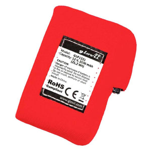 Glovii GLP1221 12V 2100mAh rechargeable battery pack in red protective sleeve