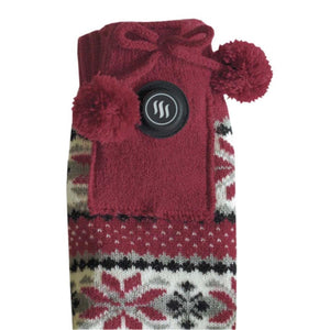 Glovii red patterned knit heated sock with pom poms and power button