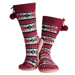 Glovii red and white patterned knee high slipper socks with pom poms