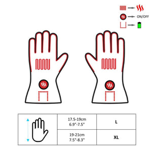 Glovii heated glove sizing chart showing L and XL dimensions