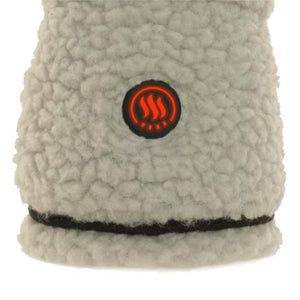 Glovii cream sherpa fleece fabric with a glowing red circular heat control button