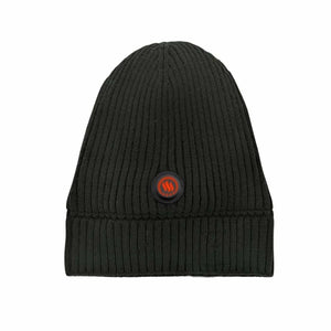 Glovii black ribbed knit beanie with a circular red heated power button