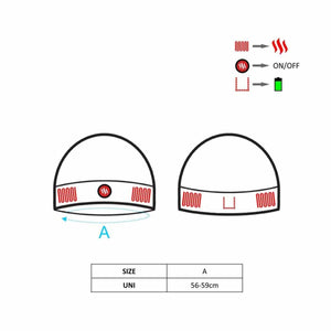 Glovii heated beanie size chart showing heating element placement and dimensions