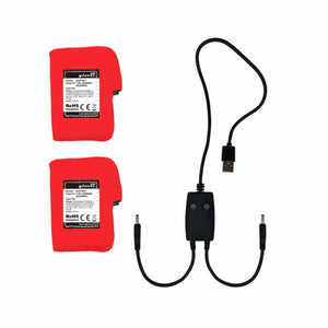 Two red Glovii battery packs and a dual output USB charging cable