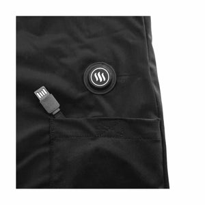 Glovii heated clothing control button and USB power cable in pocket