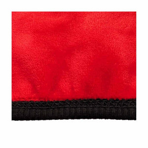 Close up of red fleece fabric with black ribbed trim by Glovii