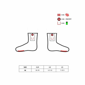 Glovii heated socks diagram showing heating elements battery placement and size chart for medium size