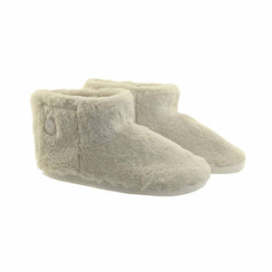 Glovii cream faux fur heated slippers with side zipper and circular logo