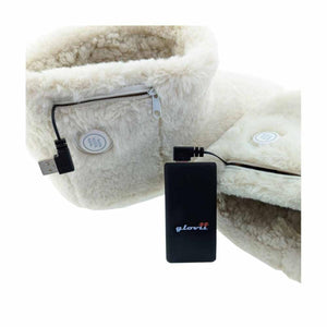 Glovii cream faux fur heated slippers with USB power bank