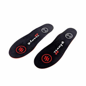 Pair of black Glovii heated shoe insoles with red heat icons and branding