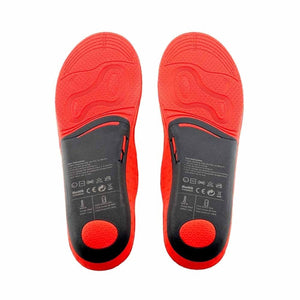 Glovii heated insoles with red and black design and printed care instructions