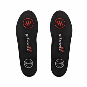Pair of black Glovii heated insoles with red heat and wireless icons