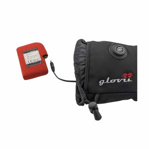 Glovii heated hand muff with red battery pack and charging cable