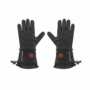 Pair of black Glovii heated gloves with adjustable wrist cuffs and power buttons