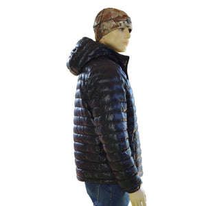 Glovii black quilted hooded jacket on a mannequin wearing a camouflage beanie