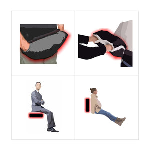 Four panel illustration showing various ways to use a heated cushion for lumbar support and hand warming