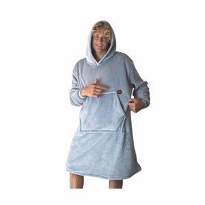Person wearing a grey Glovii heated fleece hoodie blanket with a front pocket