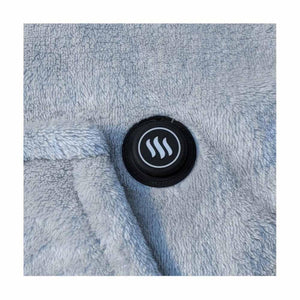 Glovii heated blanket control button on light blue fleece fabric