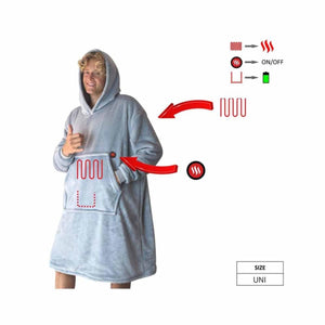 Glovii grey heated hoodie blanket with heating element diagram and battery indicator