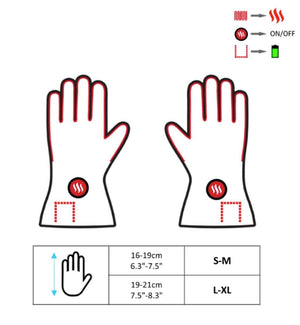 Glovii heated gloves size chart and heating element diagram