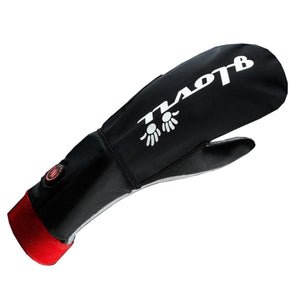 Glovii black heated mitten with red cuff and power button