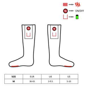 Glovii heated socks diagram showing heating elements and size chart for medium