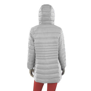 Back view of a Glovii light grey hooded puffer jacket on a mannequin