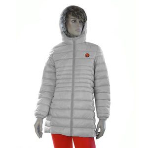 Glovii beige hooded puffer jacket on a mannequin
