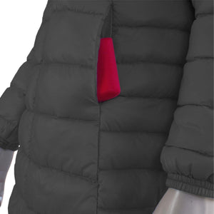 Glovii grey quilted jacket with a pink battery pack inside the side pocket