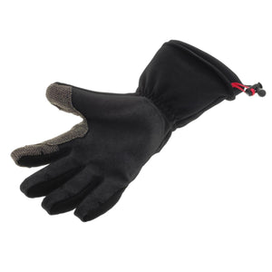 Black winter glove with textured grip on fingers and adjustable drawstring cuff