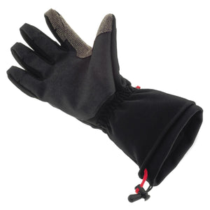 Black winter glove with textured thumb and adjustable drawstring cuff