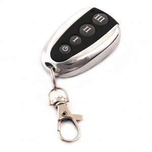 Glovii remote control with power and three intensity level buttons on a metal keychain