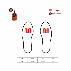 Glovii heated insoles size chart and heating element diagram