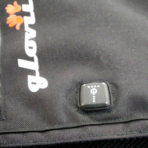 Glovii branded black fabric with a square power button featuring a power symbol