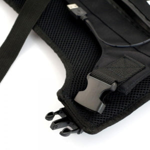Glovii black mesh vest detail with USB cable and plastic buckle fastener