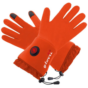 Orange Glovii heated gloves with power button and adjustable wrist drawstrings