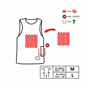 Glovii heated vest diagram showing heating element placement battery connection and size chart for medium and large