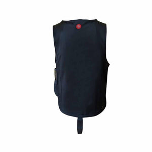 Back view of a black Glovii heated vest with a red heat icon logo at the neckline