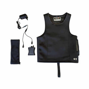 Glovii black heated vest with battery pack, charger, and storage pouch