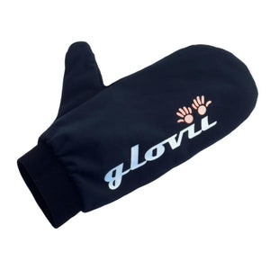 Black Glovii mitten with white brand logo and pink hand icons
