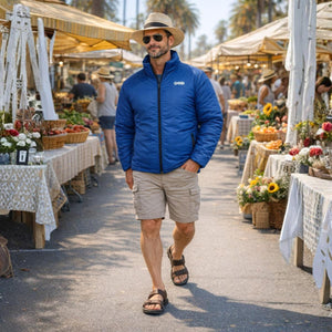 Man wearing a blue Gobi Heat jacket with a straw hat and sunglasses walking through an outdoor market